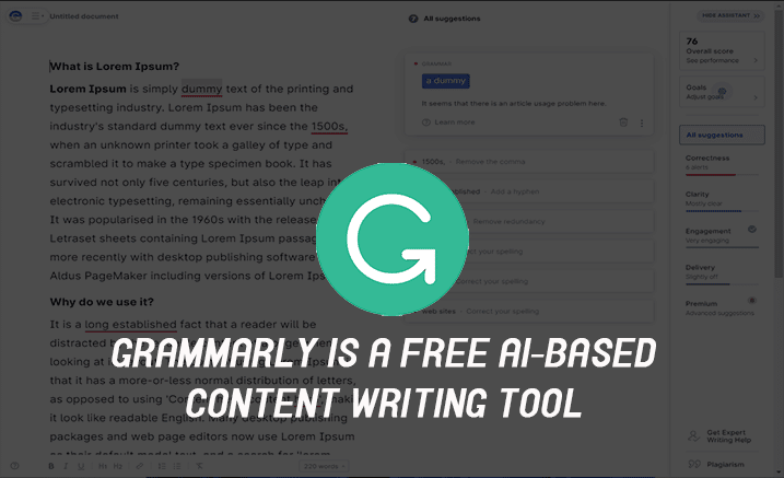 Grammarly is a free AI-based Content Writing Tool